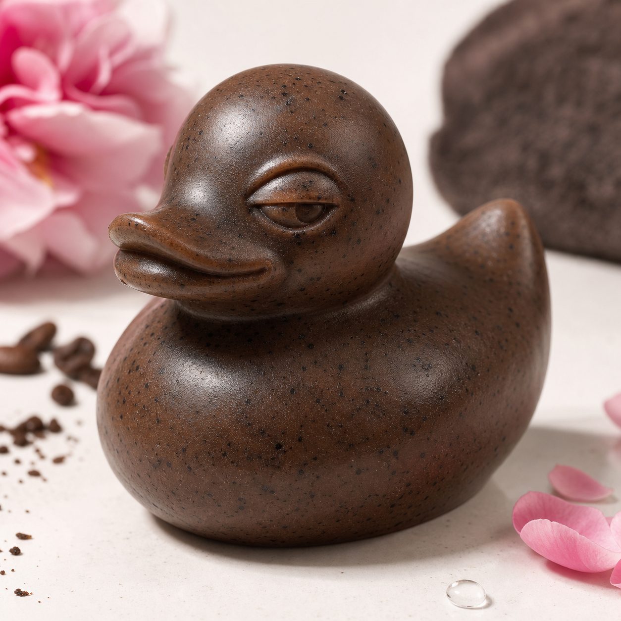 Gros plan du savon-canard Coffee B*tch, brun café